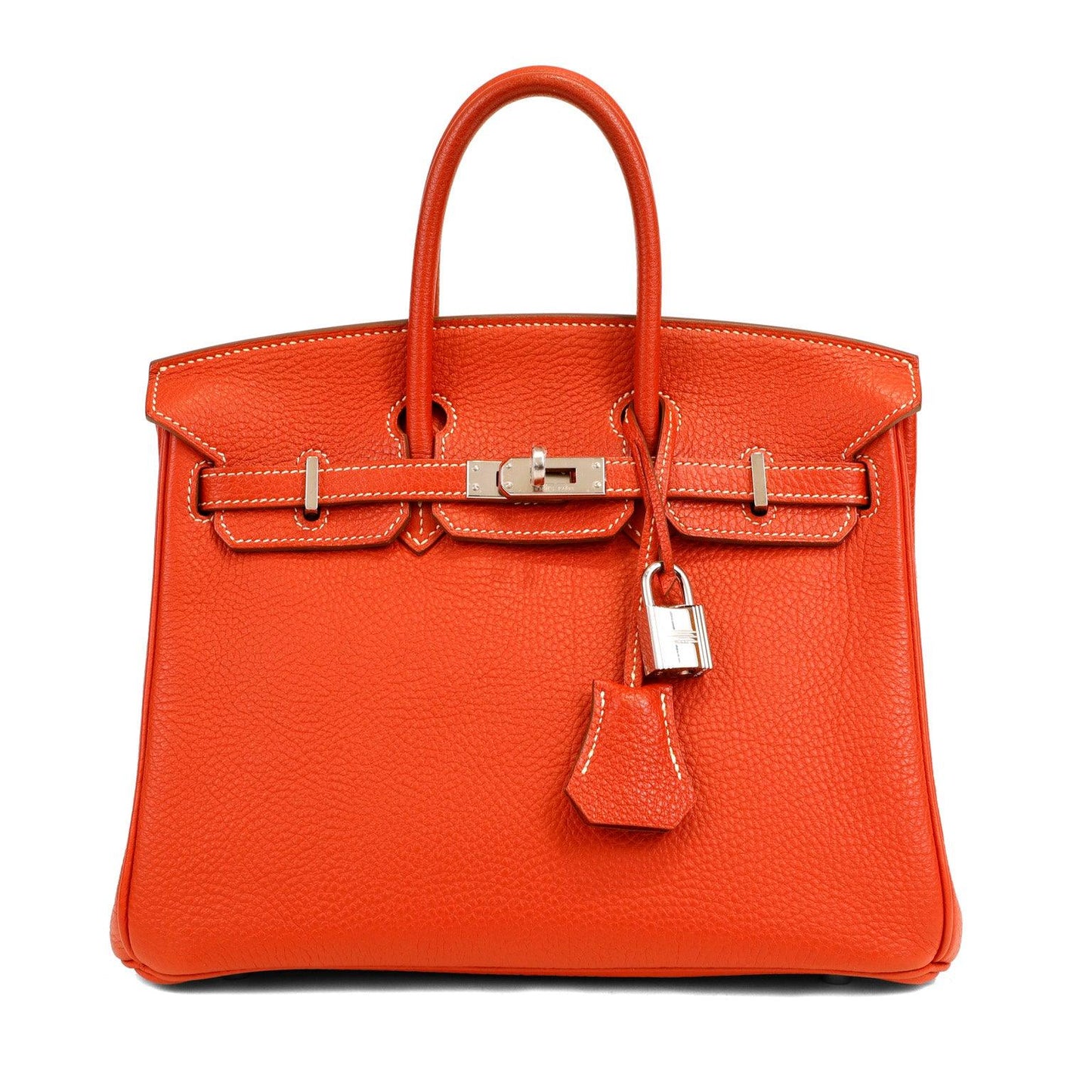 Hermes 25cm Rouge Tomate Togo Birkin w/ White Stitching & Palladium Hardware