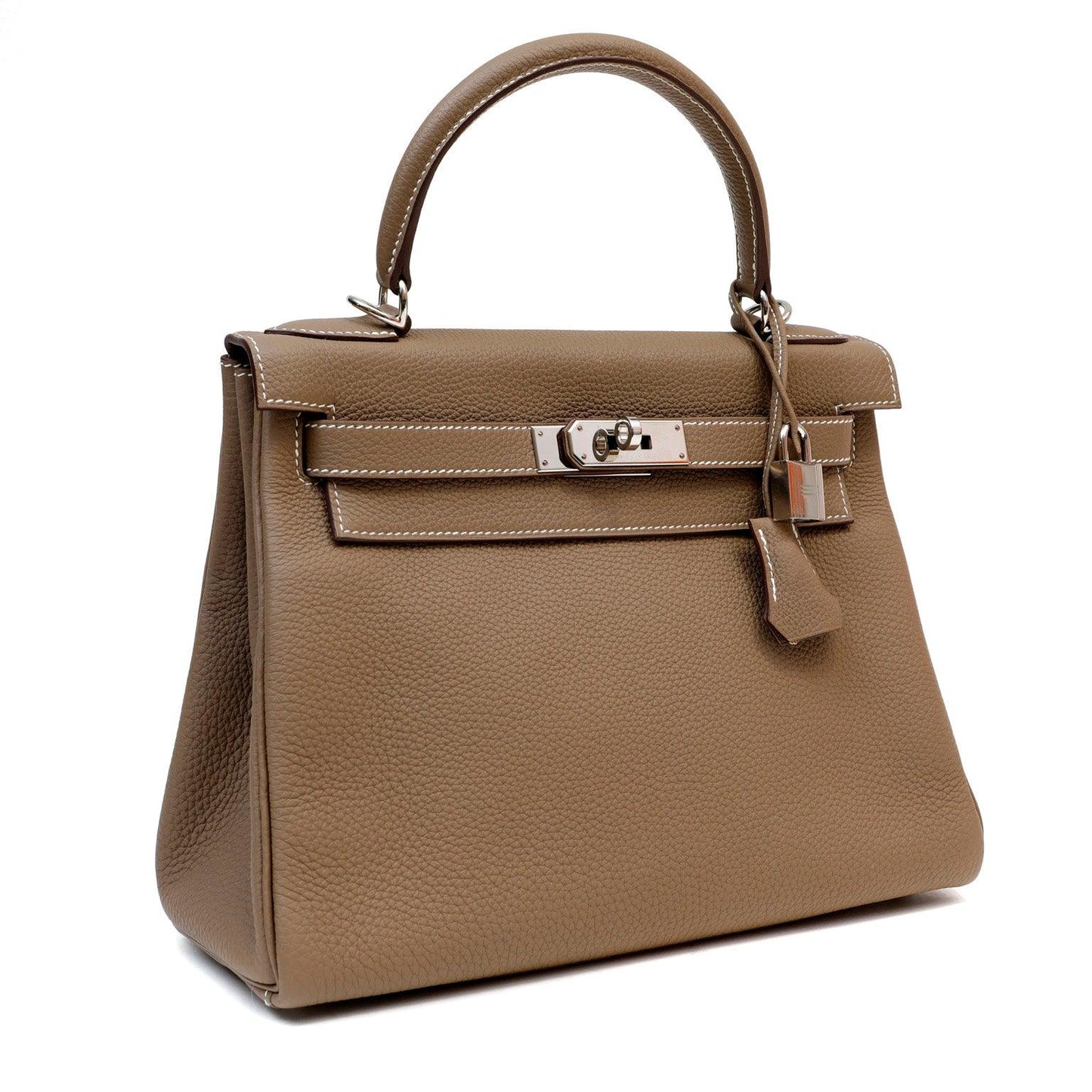 Hermes 28cm Etoupe Togo Kelly w/ Palladium Hardware & White Stitching