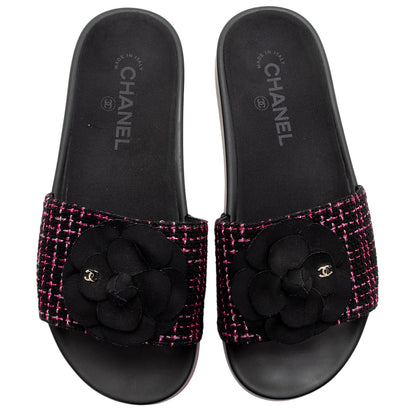 Chanel Tweed And Grosgrain Ribbon Camellia Slide Sandals - Size 8 / 38 (MS8WJl)