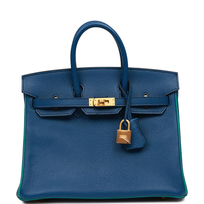 Top Quality Hermes Special Order (HSS) Birkin 25 Bleu Saphir and Vert Vertigo Chevre Brushed Gold Hardware