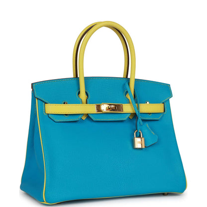 Top Quality Hermes Special Order (HSS) Birkin 30 Bleu Turquoise and Lime Chevre Gold Hardware