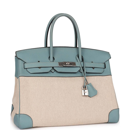 Top Quality Hermes Birkin 35 Toile H and Ciel Clemence Palladium Hardware