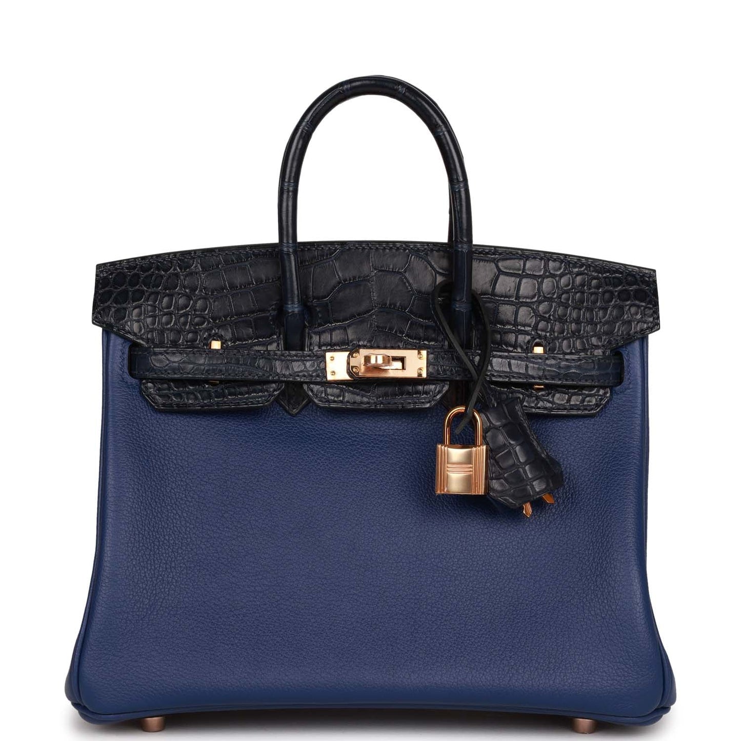 Hermes Birkin 25 Bleu Marine Matte Alligator and Bleu Saphir Novillo Touch Rose Gold Hardware