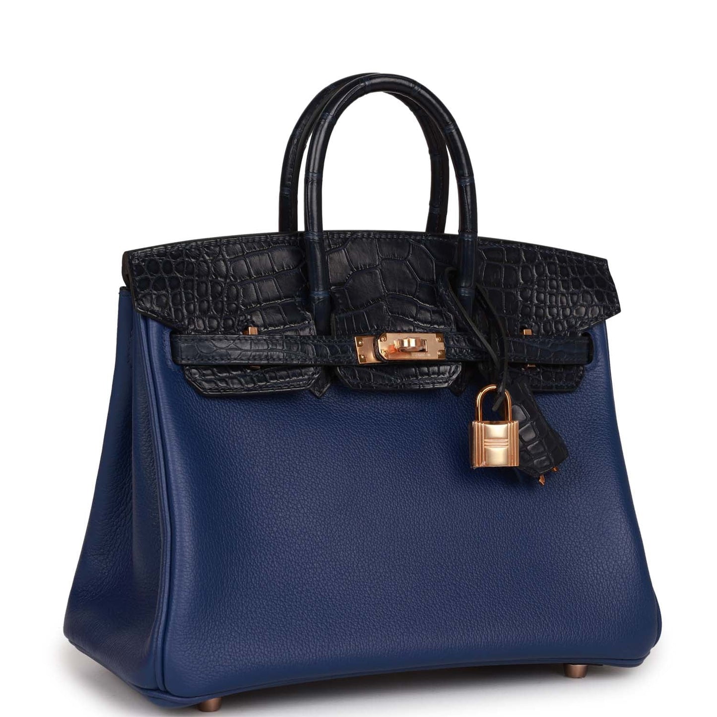 Hermes Birkin 25 Bleu Marine Matte Alligator and Bleu Saphir Novillo Touch Rose Gold Hardware