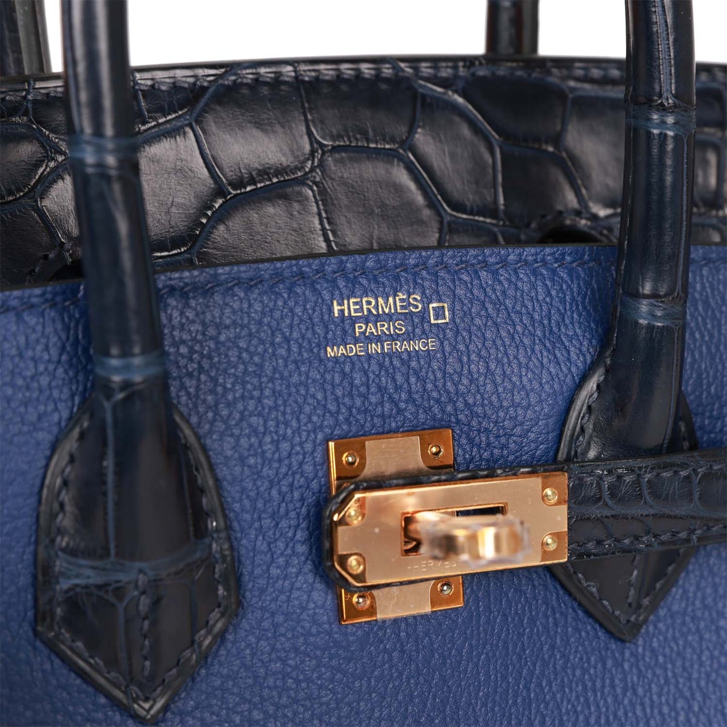 Hermes Birkin 25 Bleu Marine Matte Alligator and Bleu Saphir Novillo Touch Rose Gold Hardware