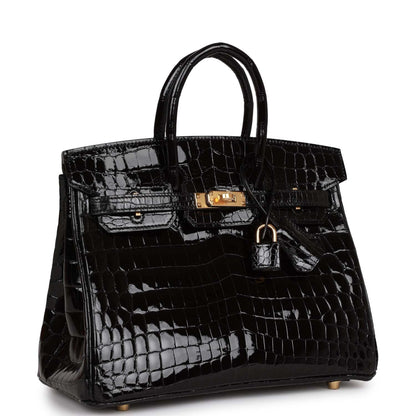 Hermes Birkin 25 Black Shiny Niloticus Crocodile Gold Hardware