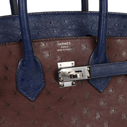 Hermes Bi-Color Birkin 25 Rouge Sellier and Bleu Saphir Ostrich Palladium Hardware