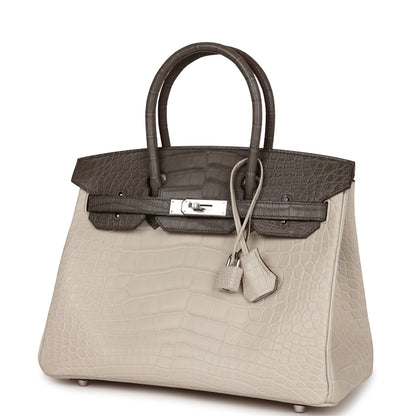 Hermes Bi-color Birkin 30 Beton and Etain Matte Alligator Palladium Hardware