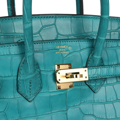 Hermes Birkin 25 Blue Paon Matte Alligator Gold Hardware