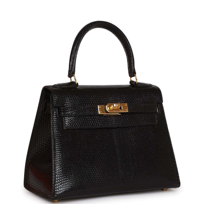 Vintage Hermes Kelly Sellier 20 Black Lizard Gold Hardware