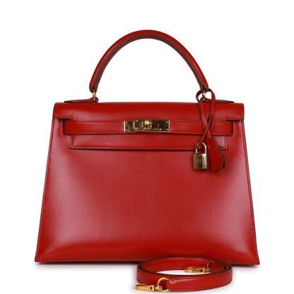 Vintage Hermes Kelly Sellier 28 Rouge Vif Box Gold Hardware