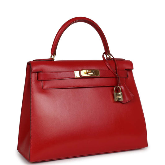 Vintage Hermes Kelly Sellier 28 Rouge Vif Box Gold Hardware