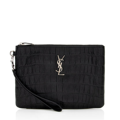 Saint Laurent Croc Embossed Monogram Zip Pouch Wristlet 19209