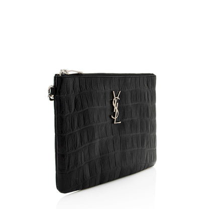 Saint Laurent Croc Embossed Monogram Zip Pouch Wristlet 19209