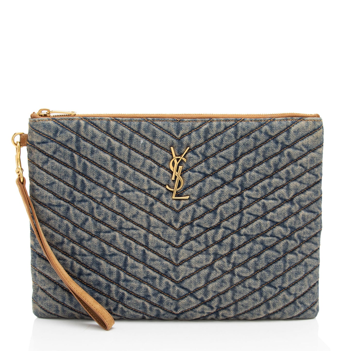 Saint Laurent Denim Matelasse Chevron Monogram A5 Wristlet 2A8wVv