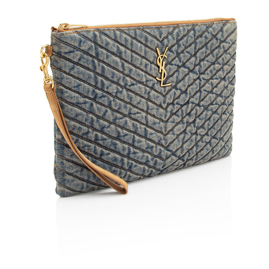 Saint Laurent Denim Matelasse Chevron Monogram A5 Wristlet 2A8wVv