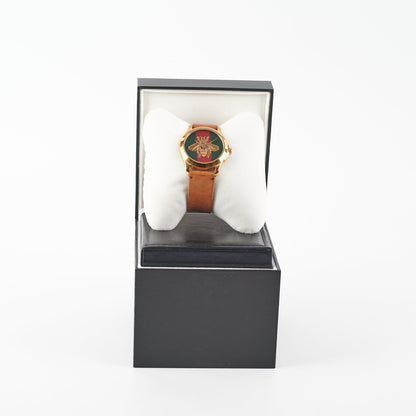 Gucci Timeless Bee Leather Strap Watch Brown