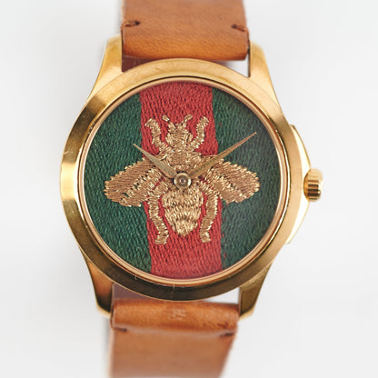 Gucci Timeless Bee Leather Strap Watch Brown