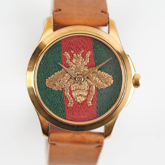 Gucci Timeless Bee Leather Strap Watch Brown