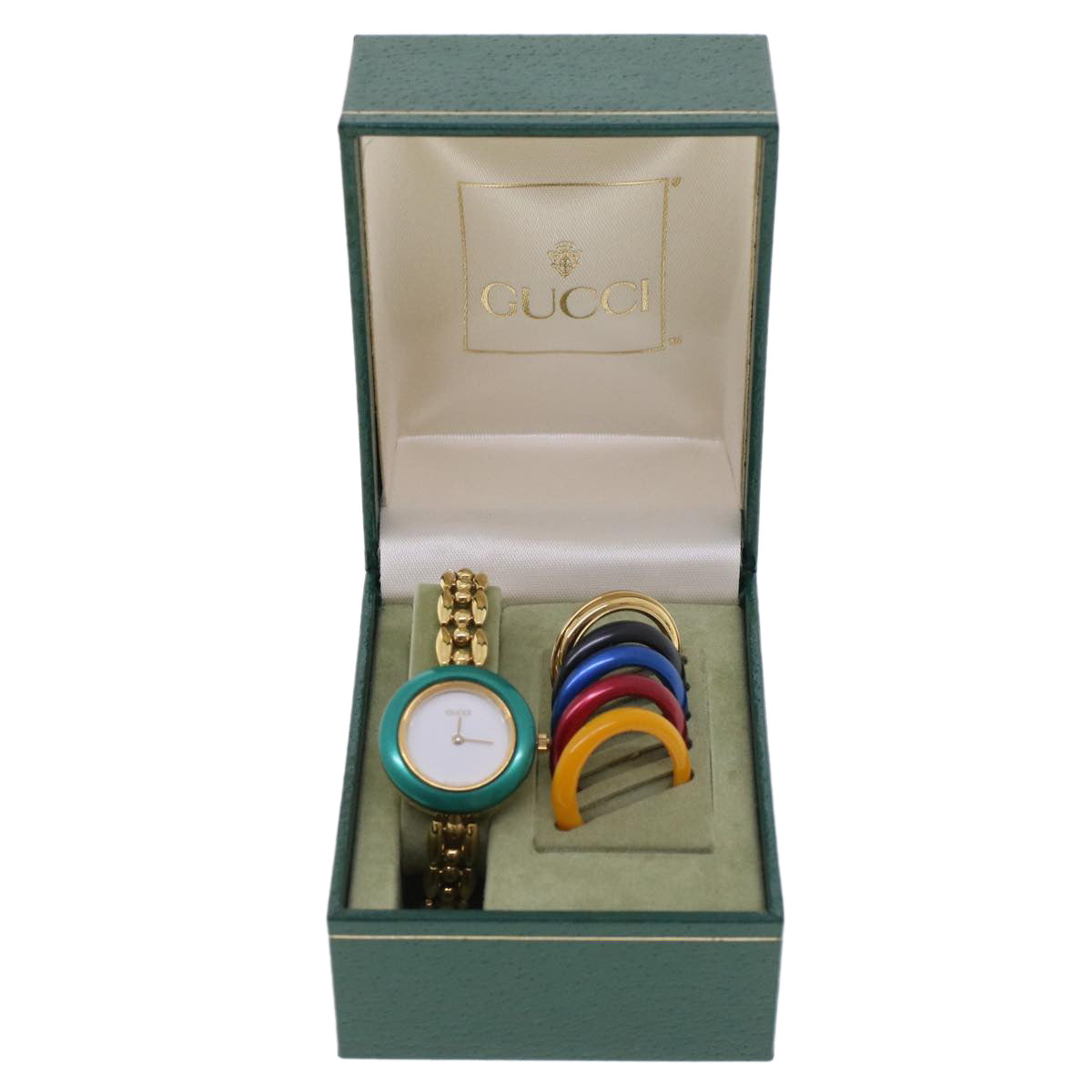 GUCCI Bezel 6 Metallic Color Watch Gold Green Red am4518