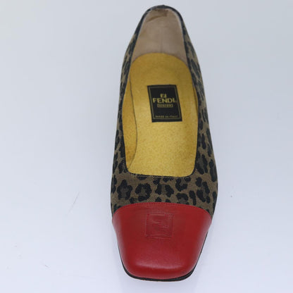 FENDI Leopard pumps shoes Canvas Leather 37.5 Brown Red  ti1874